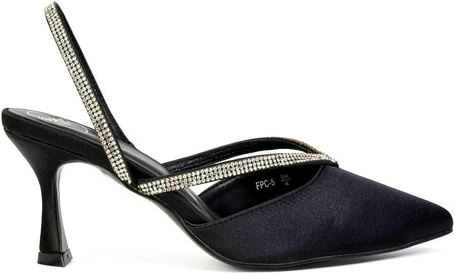 ESSEX GLAM Womens Bridal Court Shoes Ladies Rhinestone Straps Slingback Pointed Toe Black Satin Bridesmaid Party Evening Pumps Size 8