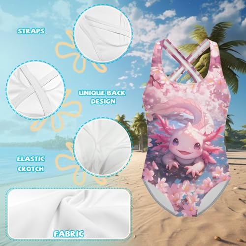 Image of Girls One Piece Swimsuits Axolotl Cross Back Swimwear Beach Summer Quick Dry Beach Bathing Suit