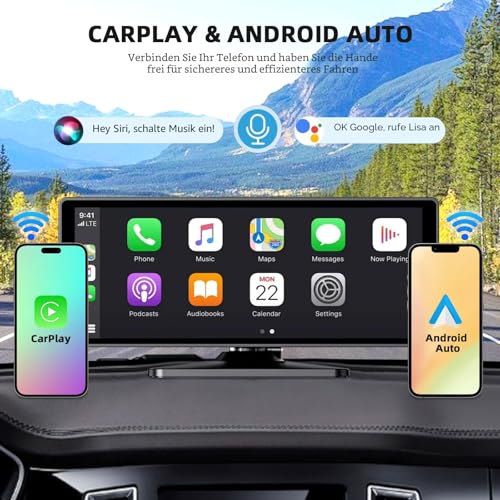 10.26 Zoll Wireless Carplay Android Auto Display, Tragbares Autoradios mit 4K Dashcam+1080P...