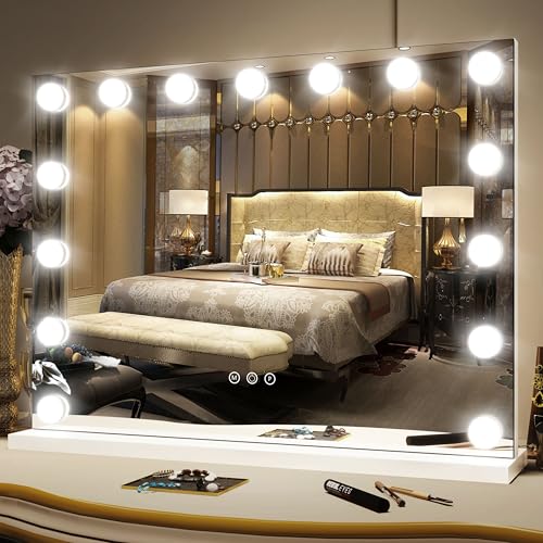FENNIO Hollywood Vanity Mirror with Lights 23x18,Large Lighted Mirror Makeup Mirror with 15 Dimmable LED Bulbs, 3-Color Lighting