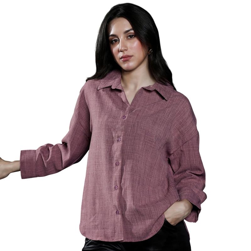 Campus Sutra Women's Shirt | Spread Collar, Long Button-Cuff Sleeves, Button Closure | Solid Plain Woven Shirt for Casual Mauve Purple in purple