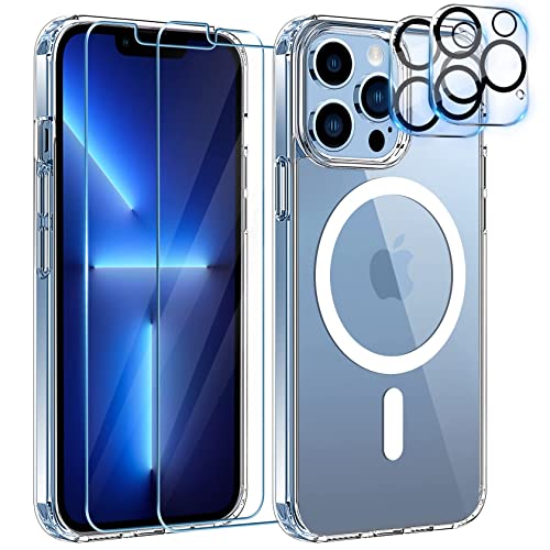 YisrLery 5 en 1 Magnétique Coque pour iPhone 13 Pro Max avec 2 Protection écran et 2 Caméra Protecteur, Étui Anti-Jaune Protection Compatible MagSafe, Antichoc Anti-Rayures Housse Case - Transparent Cover