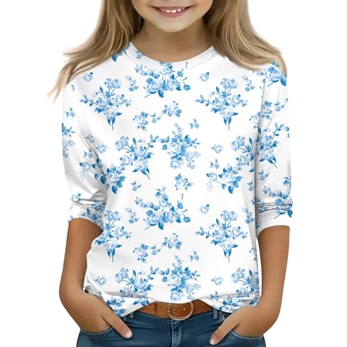Tops for Teen Girls 3/4 Length Sleeve Round Neck Shirts Graphic Blouses Elbow Sleeve Pullover Outfits 5-16 Years