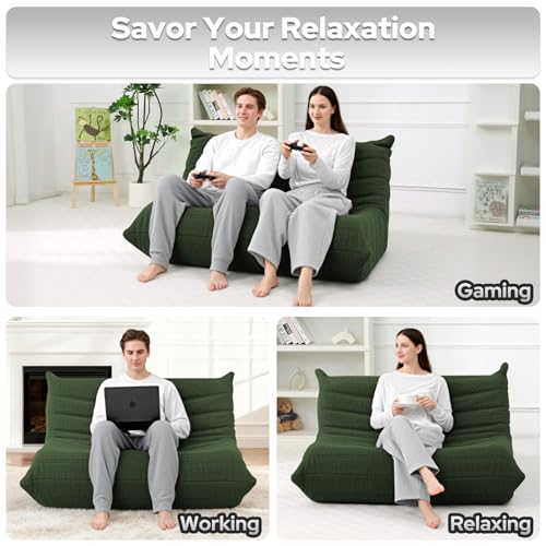 Image of HABUTWAY Bean Bag Chairs Fireside Lazy Floor Sofa,2 Seater,Green | Soft Teddy Fleece 2 Seater Sofa with High-Resilience Foam Filling,Beanbag for Living Room, Bedroom, Office