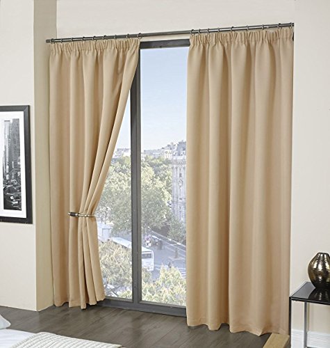 RAYYAN LINEN Thermal Pencil Pleat Blackout Tape Top Pair of Curtains With Free Tiebacks (66" X 54", Cream Natural Beige)
