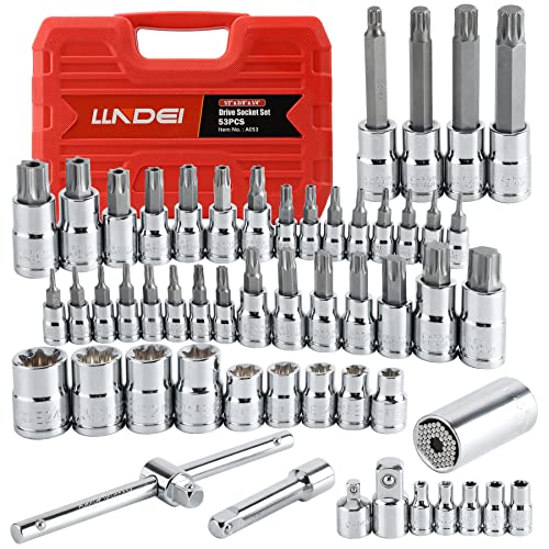 LLNDEI Master Torx Bit Socket Set 1/4 3/8 1/2-Inch and External Torx Sockets 53PCS, Dr. 6p Torx|Tamper Proof Torx|E-Torx|Extra Long Spline Tip|Universal Socket,CR-V(T8-T70, TT8-TT70, E4-E24, M8-M14)
