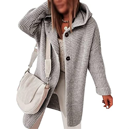 Sawmew Strickjacke Damen Grobstrick Cardigan Lang Damen Cardigan Langarm Grobstrickjacke Strickmantel mit Kapuze Wintermäntel Longstrickjacke Outwear Elegant ÜBergangsjacke (Color : Grey, Size : M)