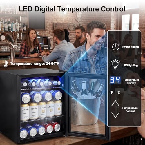 Image of Mini Beverage Refrigerator - Small Beverage Fridge with Glass Door for Soda Beer Wine - Countertop Drink Cooler for Home, Dorm, Office or Bar, Electronic Temperature Control，1.4cu.ft.Black