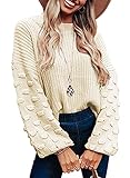 CFLONGE Womens Crew Neck Pom Pom Sleeve Chunky Knit Pullover Sweater Oversized Batwing Sleeve Loose...