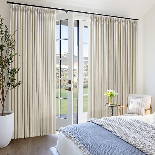 Image of 100 Inch Wide Pinch Pleated Extra Wide Curtain Panels 90 Inch Long | Thick Linen, Patio Sliding Glass Door, Hooks Rings, Semi Sheer, Privacy, Living Room, 100x90, 1 Panel, Oatmeal, Beige