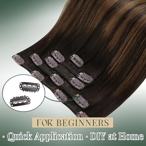 Image of Ugeat Balayage Clip in Hair Extensions Human Hair Brown 12 Inch 5pcs 85g | Real Human Hair Clip in Extensions , Dark Brown Balayage Medium Brown
