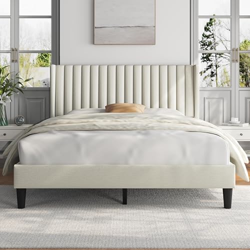 Yaheetech Queen Bed Frame Upholstered Platform Bed with Fabric Headboard, Wing Edge Design/Non-Slip and Noise-Free/Wooden Slats Support/No Box Spring Needed/Easy Assembly, Ivory Queen Bed