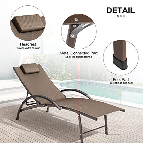 Crestlive Products Adjustable Chaise Lounge Aluminum Lounge Chair Five-Position Outdoor Recliner With Padded Headrest & Curved Armrest All Weather For Patio, Beach, Yard, Pool (2Pcs Brown) #TOP3