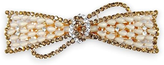 AccessHer Gold tone Hair Clutcher with White Enamel Beads and Rhinestone Bow Design | Decorative Barrette Hair Clips and Elegant Hair Accessories for Women and Girls (Design 2)