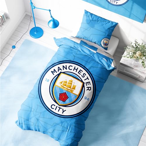 Character World Parure de lit Manchester City - Housse de couette et taie d'oreiller assortie - Bleu réversible 2 côtés - Design légendaire - Linge de lit...