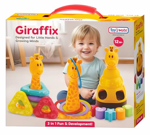 Image of toymate Giraffix 3-in-1 Stacking, Sorting & Ring Toss Toy for Toddlers | Educational Montessori Learning for Babies | Shape Sorter, Stacking Rings & Motor Skills Development Toy for 12+ Months