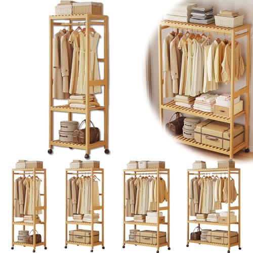ハンガーラック キャスター付き 頑丈 スリム 3段棚板付き 大容量ト ローリーハンガー ワゴン 服 パイプハンガー 洋服ラック 木製 多機能 おしゃれ コート掛け 洋服掛け 多機能収納 見せる収納 組立簡単 省スペース (ナチュラル,幅43cm) [並行輸