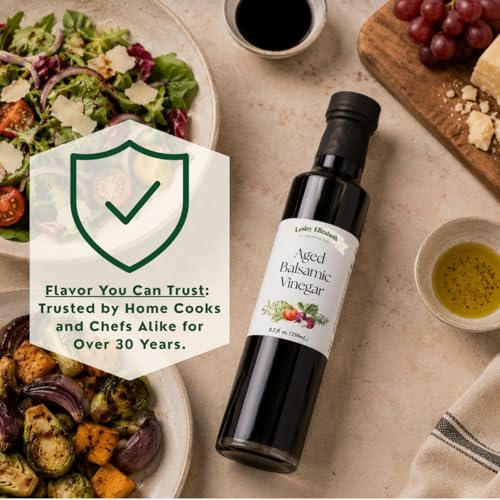 Image of Lesley Elizabeth Aged Balsamic Vinegar - Authentic Modena Italian Balsamic, Rich & Syrupy Flavor - Perfect for Salads, Veggies, Meats & Cheese - 8.5 fl oz (250ml) Glass Bottle