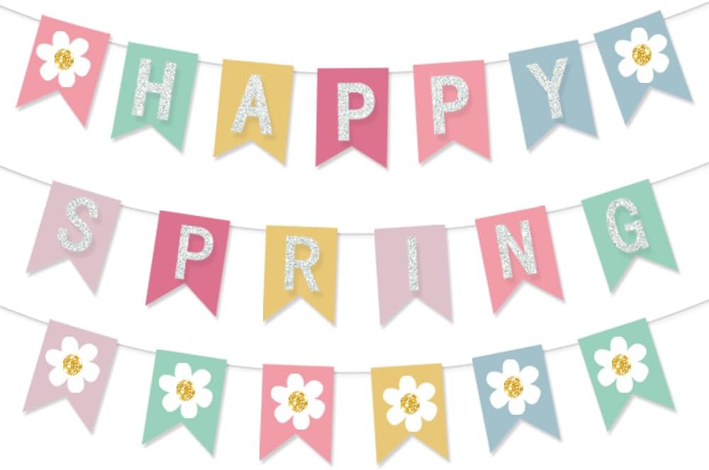 Happy Spring Banner Flower Banner Colorful Glittery Spring Flower Garland Felt Decor Daisy Party Decorations for the Home Indoor Outdoor Mantel Fireplace