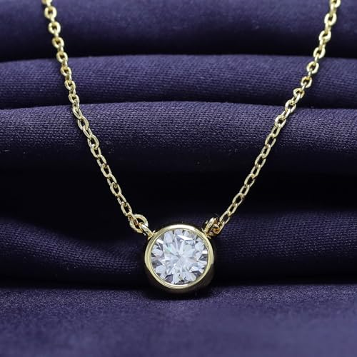 18K Gold Plated Bezel-Set Solitaire Necklace for Women, 6.5MM Moissanite Diamond Choker Pendant Necklace Jewelry (16"+2” Adjustable Chain) (0.90 Ctw)3
