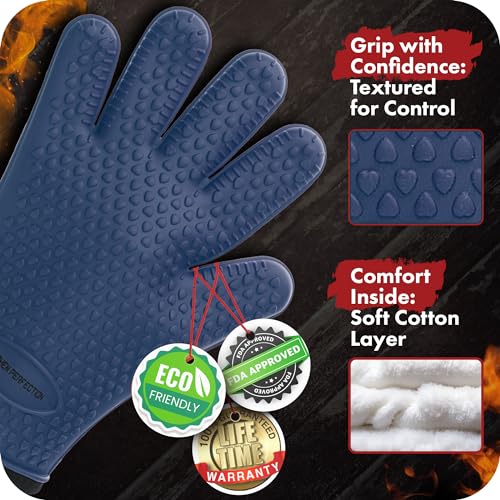 Image of KITCHEN PERFECTION Silicone Smoker Oven Gloves -Extreme Heat Resistant BBQ Gloves -Handle Hot Food Right on Your Smoker Grill Fryer Pit|Waterproof Oven Mitts Grill Gloves |Superior Value Set+3 Bonuses