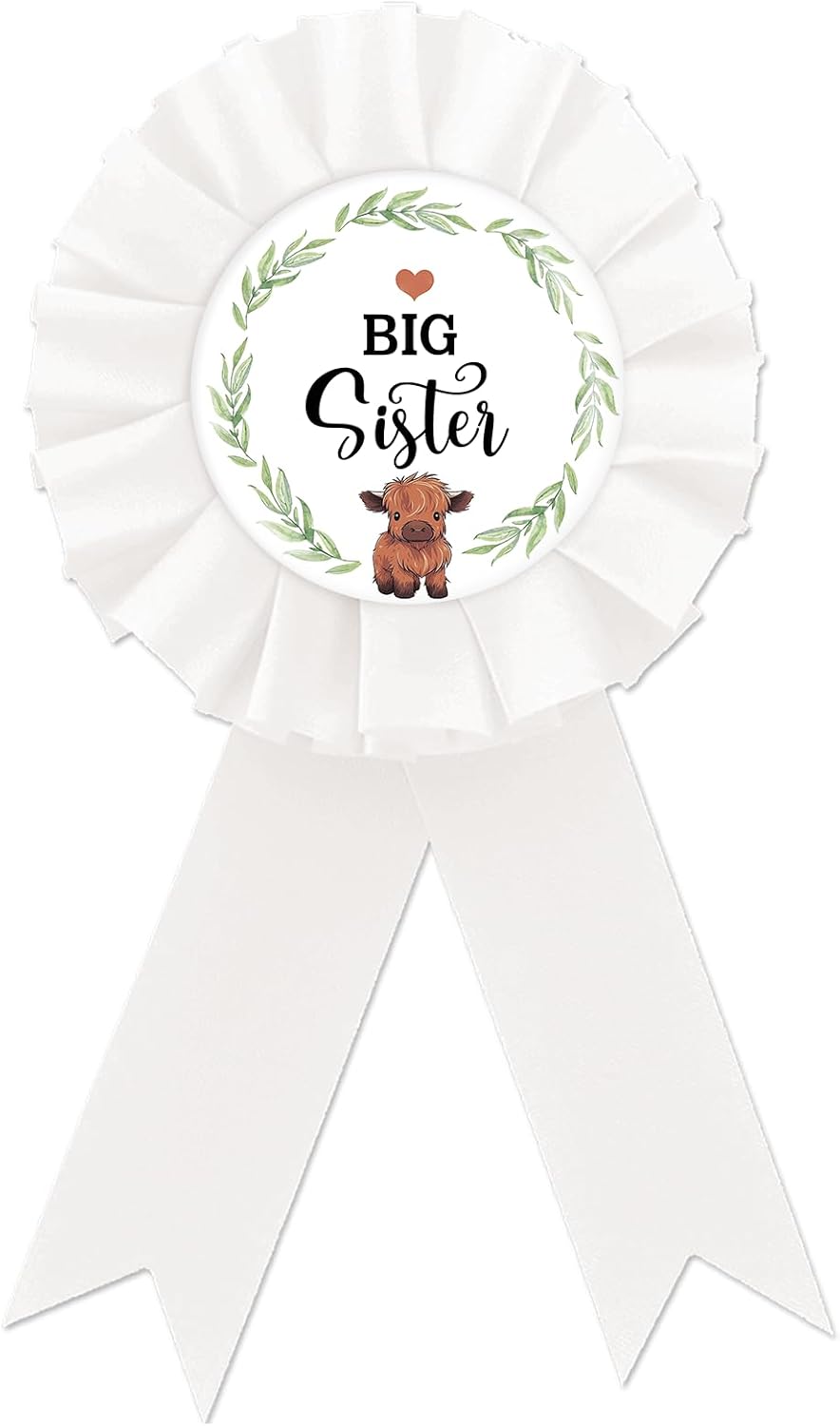 Highland Cow Big Sister Badge Pin, Highland Cattle Sister to Be Button Pin, White Rosette Farm Cattle Birthday Girl Award Ribbon Button for Girls, Western Baby Shower/1st Birthday Party Supplies