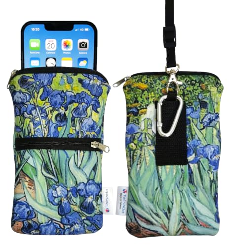 Image of Tainada Dual Zipper Neck Phone Holder Pouch w /Belt Loop (Van Gogh Irises) | For Men /Women; Water-resistant neoprene material, shockproof, lightweight, w /carabiner; Compatible with most of smartphones