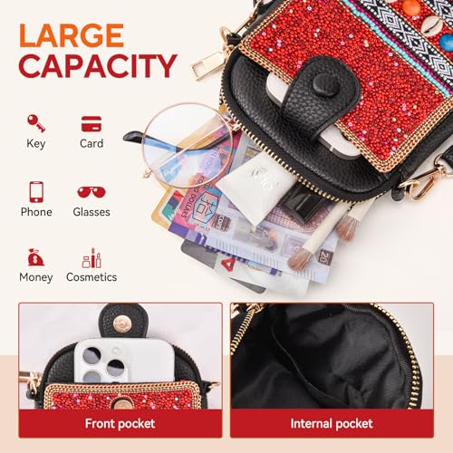 Image of Women's Small Crossbody Cell Phone Bag, Boho Colorful Beaded Purse Wallet with Handmade Cute Patterns