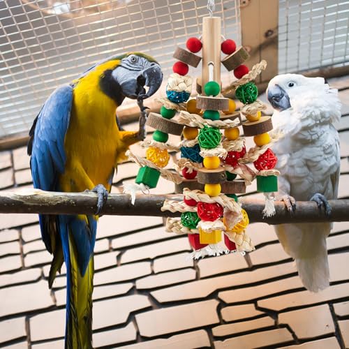 Image of Seenelling 3 Pcs Extra Large Bird Toys for Parrots, Ring and Ball | Multicolored Natural Wooden Blocks & Beads Bells, Bird Cage Chewing Toys for Large Medium Macaws African Grey Cockatoos