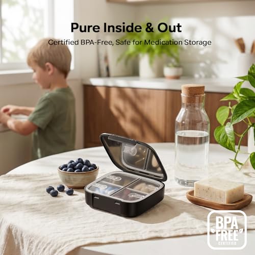 Image of Betife Travel Pill Organizer for Purse, Small Cute Pill Box with Mirror, 4 Large Compartment Pill Case, Waterproof Medicine Container, Portable Faux Leather Vitamin Case BPA-Free (Classic Black)