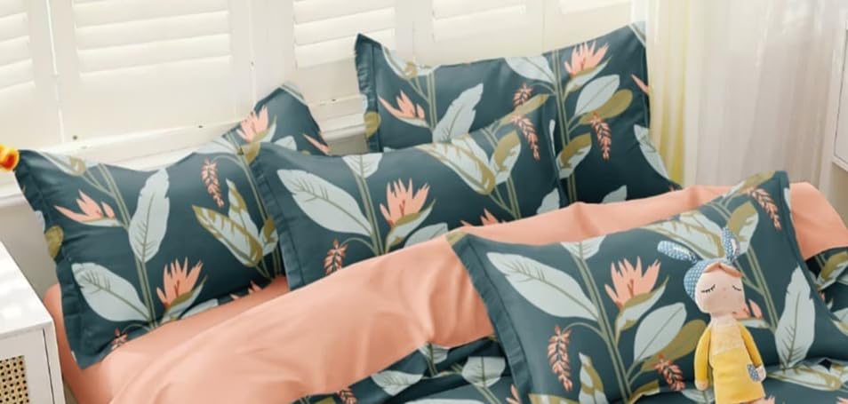 Image of Cotton Diwan Set Covers |8 Pieces Diwan Cover Set|300 TC Fabric| Pure Cotton Printed Deewan Set (1 Single Bedsheet, 2 Bolster Covers, 5 Cushion Covers)|Green Leaves |SZDS 023