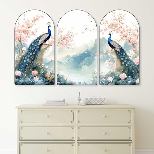 Image of Livin'luxe Peacock Wall Painting | Set of 3 MDF Panel Wall Art | Elegant Floral & Mountain Theme Decorative Painting for Living Room, Bedroom, Hallway & Home Interiors