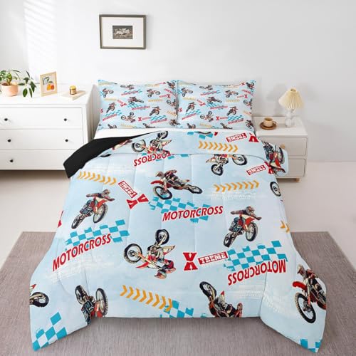 Image of Feelyou Kids Dirt Bike Bedding Set Queen Size, Motocross Duvet Insert Extreme Sports Comforter Set Boys Girls Teens Bedroom Decor with 2 Pillow Case