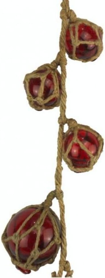 Hampton Nautical Red Japanese Glass Floats with Brown Netting, 24", Glass Fish Float, Beach Living Decor