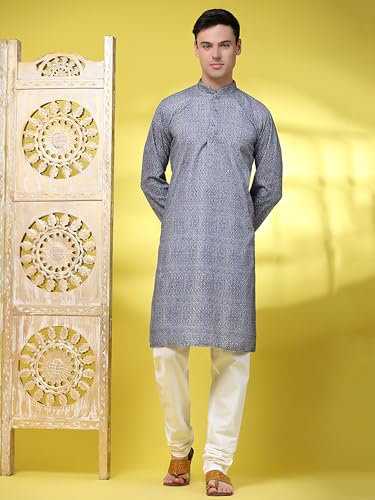 Image of SKAVIJ Men's Traditional Sequined Kurta with Pajama 2-Piece Set Grey X-Large