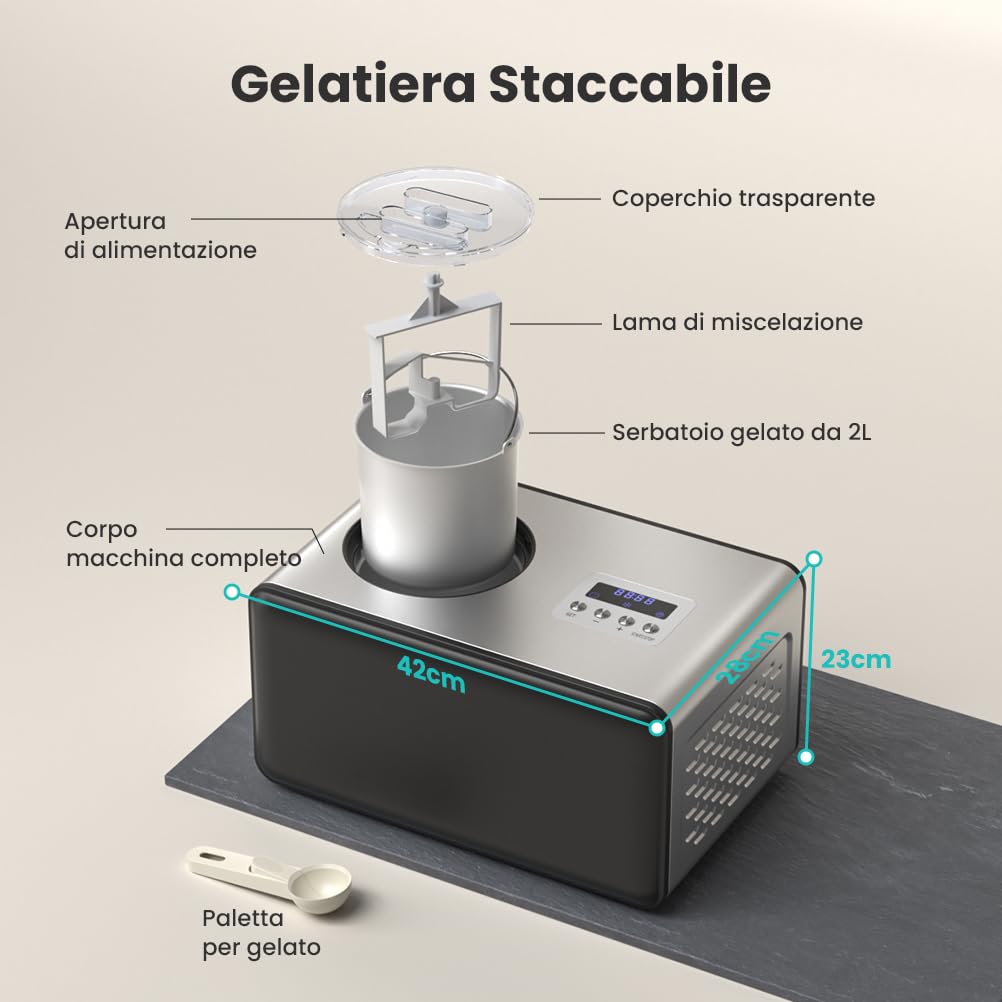 Gelatiera con Compressore 2L, Gelatiera per Gelato Elettrica Professionale in Acciaio Inox 150W, Autorefrigerante, con Ciotola Estraibile in Alluminio/Paletta per Gelato