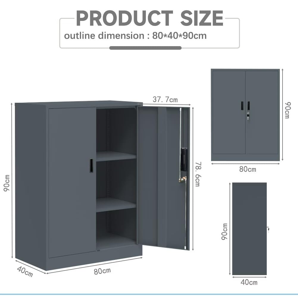 Metallschrank absperrbar mit 2 verstellbaren Regalen (90x80x40cm) - Stahlschrank für Büro, Garage & Haushalt | 50kg Tragkraft pro Regal (Dunkelgrau, 90x80x40cm)