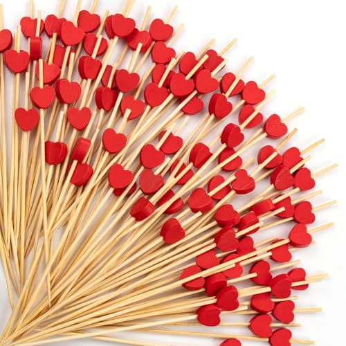 Red Heart Cocktail Picks,100pcs 4.7 Inch Long Food Toothpicks Bamboo Fruit Sticks for Sandwich, Appetizers, Mini Charcuterie Cups Skewers for Party, Anniversary, Date Night, Wedding, Bridal Shower