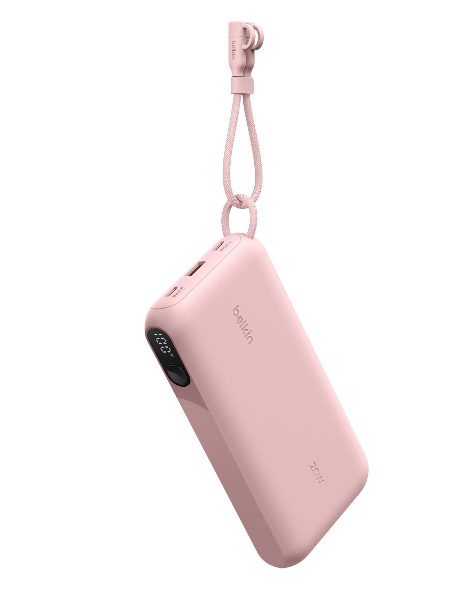 Belkin Taşınabilir Şarj Cihazı, 20.000 mAh USB-C Powerbank, 2 USB-C ve 1 USB-A Port, Dijital Pil Göstergesi, iPhone 16 Serisi, Samsung Galaxy S25, Pixel 9, iPad ve Dahası için 20 W Şarj, Pembe