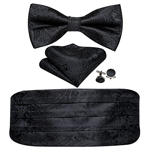 Image of Barry.Wang Men Silk Paisley Cummerbund and Pre-tied Bowtie Handkerchief Cufflink Set for Tuxedo