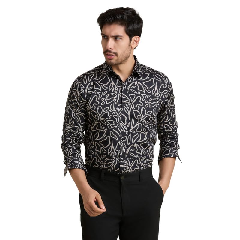 Image of MARK & ALBERT Men's Printed Full Sleeves Regular Fit Shirt Blue | 100% Cotton Stretchable Fabric