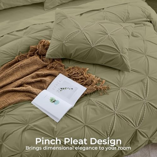 Image of Sasttie King Size Comforter Set, 7-Piece Bed in a Bag, Pintuck Bedding Sets for All Season, Includes Comforter, Flat Sheet, Fitted Sheet, Pillowcases and Pillowshams, Olive Green