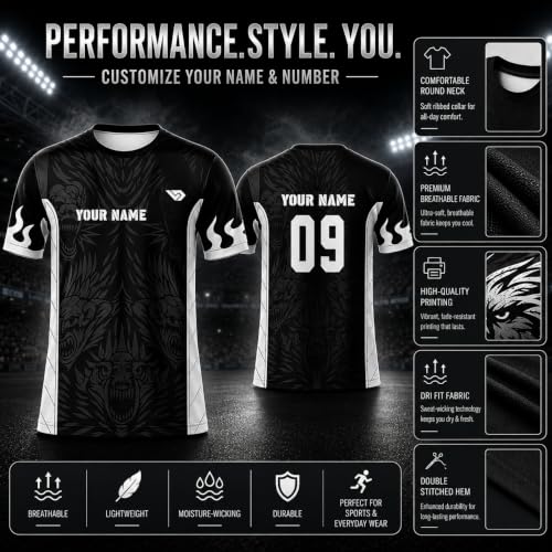 Image of Custom Black Sports Jersey for Men Women Kids - Personalized Team Sports T Shirt with Name & Number - Black White Graphic Jersey for Boys Girls