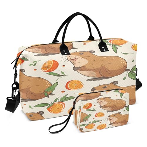 Travel Duffle Bag Weekender Bags Overnight Bag with Toiletry Bag Gym Duffel Bag Capybara Orange Pieces for Travel Business Trips Sport