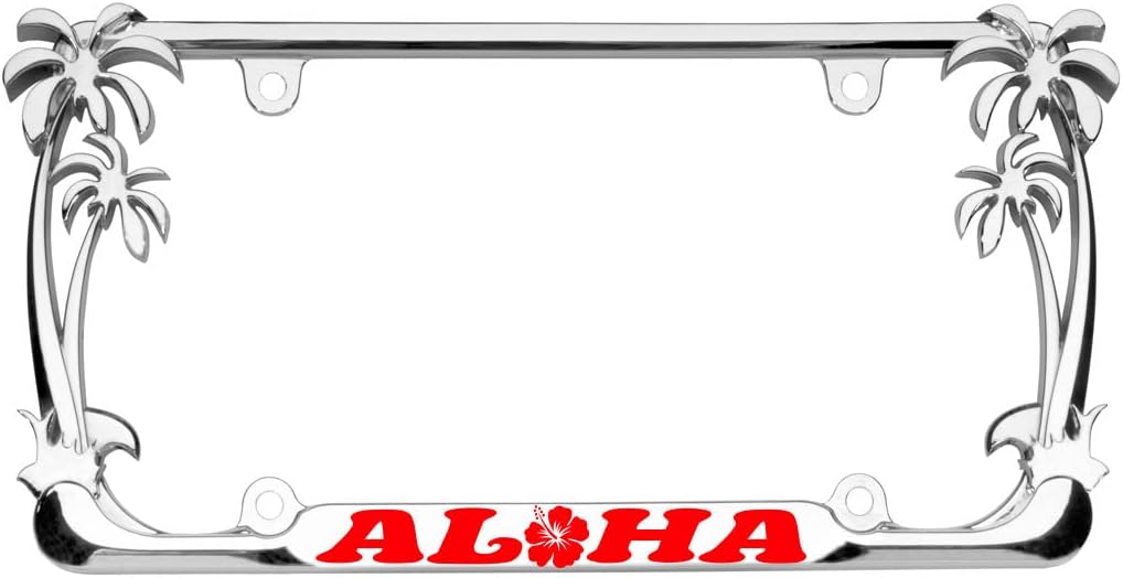 Aloha Hawaii Hibiscus Floral Flowers Design Palm Tree Heavy Duty Metal License Plate Frame Auto License Plate Frame/Car Accessories (Chrome/Red)