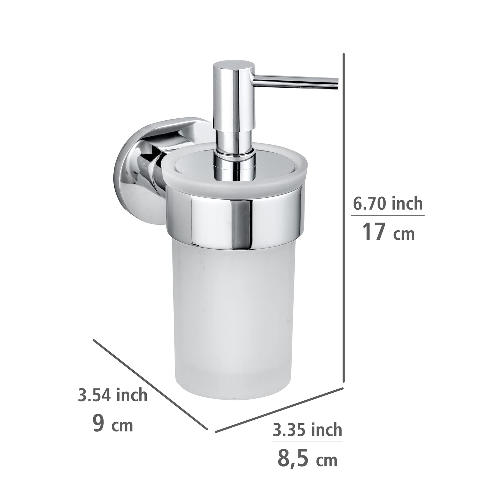 WENKO UV-Loc® Seifenspender Maribor, nachfüllbarer Spender aus satiniertem Glas für 150 ml Flüssigseife mit Wandhalter aus Zinkdruckguss zum Befestigen ohne Bohren mit Klebesystem, 8,5 x 17 x 9 cm