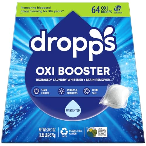 Dropps Oxi Booster - Cápsulas potenciadoras, sin perfume (64 cápsulas) – Blanqueador de ropa de base biológica sin cloro alternativo y removedor de manchas para manchas extra resistentes, sin