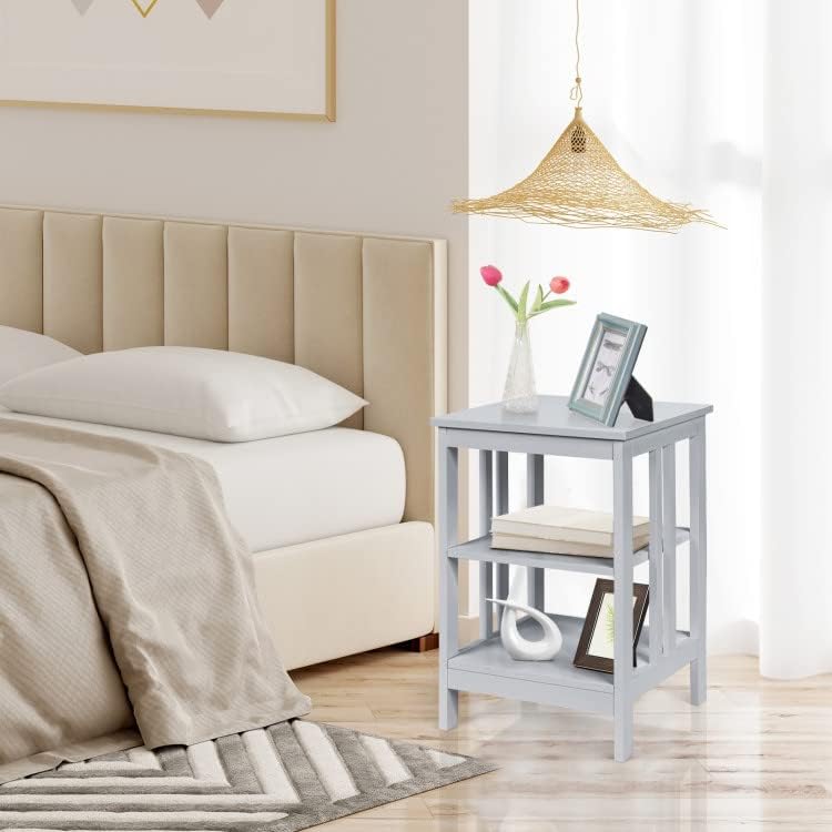 Miniatura 9 de Safeplus Mesa auxiliar con estante de almacenamiento de 3 niveles para sala de estar, dormitorio, marco de madera estable, fácil montaje (gris,