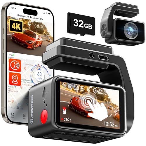 Image of REDTIGER F4 4K Dash Cam Front with 32GB Card,Voice Control,Mini dashcam with 2.2 inch Touchscreen,Built-in GPS & WiFi APP Control,Night View Car Camera,24H Parking Mode