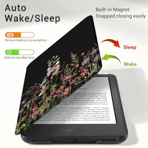 Image of CoBak Case for All New 6 Inch E-Reader 2024 and 2022 (11 Generation) | PU Leather Smart Cover, Auto Sleep and Wake, not Compatible with Kobo Clara, Dark Botanica
